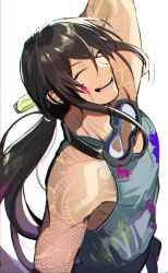 Rule 34 | 1boy, arm at side, blue shirt, closed eyes, fate/grand order, fate (series), goggles, goggles around neck, hair between eyes, happy, highres, long hair, male focus, ororooops, paint on clothes, paint splatter, ponytail, shirt, solo, tank top, teeth, very long hair, white background, yan qing (fate)
