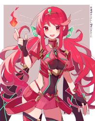 Rule 34 | 1girl, alternate hair length, alternate hairstyle, black gloves, breasts, cheese dakke, chest jewel, earrings, fingerless gloves, gem, gloves, headpiece, highres, jewelry, large breasts, long hair, pyra (xenoblade), red eyes, red hair, red shorts, short shorts, shorts, solo, thighhighs, tiara, twintails, very long hair, xenoblade chronicles (series), xenoblade chronicles 2