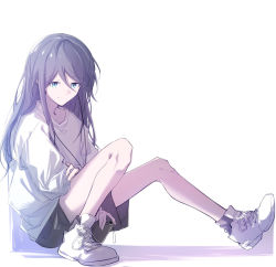 Rule 34 | 1girl, absurdres, ankle socks, bare legs, between legs, black hair, black shorts, blue eyes, closed mouth, earbuds, earphones, flat chest, full body, grey socks, hand between legs, hand on own arm, happy, hibioes, highres, hoshino ichika (project sekai), jitome, knees up, light smile, long hair, looking down, on ground, project sekai, shadow, shoes, shorts, simple background, sitting, sneakers, socks, solo, sweater, swept bangs, white background, white footwear, white sweater