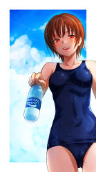 Rule 34 | 1girl, blue one-piece swimsuit, blush, bottle, brand name imitation, breasts, brown hair, cloud, collarbone, drink, highres, holding, looking at viewer, medium breasts, one-piece swimsuit, open mouth, original, pocari sweat, reco (fortunequest), red eyes, school swimsuit, short hair, sky, smile, solo, swimsuit, teeth, water, water bottle, wet