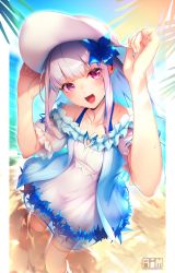 Rule 34 | 1girl, bad id, bad pixiv id, bare shoulders, beach, blue hair, blue sky, blunt bangs, blush, breasts, collarbone, day, dress, flower, hair flower, hair ornament, hat, lize helesta, lize helesta (2nd costume), long hair, looking at viewer, multicolored hair, nijisanji, ocean, open mouth, outdoors, purple eyes, ryuji (ikeriu), sand, see-through, see-through sleeves, sidelocks, sky, small breasts, smile, solo, standing, sun hat, two-tone hair, virtual youtuber, wading, white hair, white hat