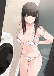 Rule 34 | 1girl, areola slip, armpit peek, bare arms, bare shoulders, bathroom, bekotarou, black hair, blunt bangs, blush, bra, breasts, breasts apart, brown eyes, closed eyes, closed mouth, collarbone, commentary request, cowboy shot, eyelashes, highres, indoors, legs together, long hair, midriff, navel, original, panties, polka dot, removing bra, small breasts, solo, standing, steam, stomach, strap slip, thighs, underwear, underwear only, undressing, washing machine, wet, white bra, white panties