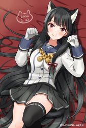 Rule 34 | 1girl, animal ears, black hair, black skirt, blue sailor collar, blush, breasts, cat day, cat ears, cat girl, cat tail, dated, gloves, isokaze (kancolle), kantai collection, long hair, long sleeves, looking at viewer, lying, natsume (natsume melio), on back, paw pose, pleated skirt, red eyes, sailor collar, school uniform, serafuku, single thighhigh, skirt, smile, solo, tail, thighhighs, twitter username, very long hair, white gloves