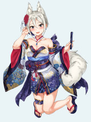 Rule 34 | 1girl, animal ear fluff, animal ears, bare shoulders, black eyes, blue background, blue footwear, blush, breasts, cleavage, collar, collarbone, detached collar, detached sleeves, dot nose, earrings, fake animal ears, fake tail, floral print, flower, folding fan, fox ears, fox tail, full body, furisode, grey hair, hair between eyes, hair flower, hair ornament, hand fan, hands up, highres, holding, holding fan, idolmaster, idolmaster cinderella girls, idolmaster cinderella girls starlight stage, japanese clothes, jewelry, kimono, long sleeves, looking at viewer, medium breasts, obi, obiage, obijime, open mouth, print kimono, red flower, red trim, sandals, sash, shiomi syuko, short hair, short kimono, simple background, sirurabbit, smile, solo, strapless kimono, tail, thigh strap, toenails, toes, white collar, wide sleeves, zouri