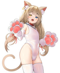 Rule 34 | 1boy, absurdres, animal ear fluff, animal ears, animal hands, belt collar, blonde hair, blue eyes, blush, bondage mittens, bulge, cat boy, cat ears, cat paws, cat tail, collar, covered navel, crossdressing, fang, flat chest, gloves, heterochromia, highleg, highleg leotard, highres, leotard, long hair, looking at viewer, low twintails, male focus, meettheton, open mouth, original, paw gloves, sailor collar, simple background, solo, standing, tail, thighhighs, tr, trap, twintails, white background, white leotard, white thighhighs, yellow eyes