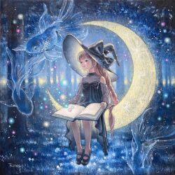 Rule 34 | 1girl, black dress, black eyes, black footwear, black hat, blush, book, braid, braided ponytail, brown hair, commentary request, crescent moon, dress, fish, flying fish, forest, full body, hat, highres, holding, holding book, koi, long hair, mary janes, moon, nature, night, oil painting (medium), on crescent, original, painting (medium), ringodrawing, shoes, sitting, smile, solo, surreal, traditional media, very long hair, witch, witch hat