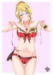 Rule 34 | 1girl, adapted costume, akira miku ver, ayase eli, bikini, blonde hair, blue eyes, blush, breasts, cleavage, closed mouth, cowboy shot, front-tie bikini top, front-tie top, gluteal fold, groin, hair between eyes, hair ornament, hair scrunchie, hairclip, highres, looking at viewer, love live!, love live! school idol project, medium breasts, navel, o-ring, o-ring bikini, pink background, ponytail, red bikini, red scrunchie, scrunchie, solo, standing, striped bikini, striped clothes, swimsuit, thigh gap, two-tone background, untied bikini, vertical-striped bikini, vertical-striped clothes, white background