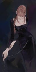 Rule 34 | 1girl, black dress, braid, braided ponytail, breasts, chain, chainsaw man, closed eyes, dark background, dress, facing down, holding, holding chain, huangdanlan, leaning to the side, makima (chainsaw man), medium breasts, medium hair, red hair, sidelocks, simple background, solo