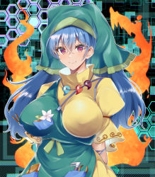 Rule 34 | 1girl, :d, abstract background, apron, arm ribbon, arms at sides, aura, blue hair, blue ribbon, blush, breasts, closed mouth, commentary request, covered erect nipples, eyelashes, flower, green apron, green headwear, hair between eyes, haniyasushin keiki, head scarf, hexagon, jewelry, kurokan (kokkyou oudan), large breasts, long hair, looking at viewer, magatama, magatama necklace, necklace, open mouth, pocket, puffy short sleeves, puffy sleeves, red eyes, ribbon, shirt, short sleeves, single strap, smile, solo, tools, touhou, upper body, white flower, yellow shirt, yellow sleeves