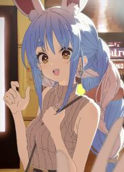 Rule 34 | 1girl, absurdres, animal ears, belt, between breasts, black belt, blue hair, braid, breasts, brown eyes, commentary request, earrings, grey shirt, hasu, highres, hololive, indoors, jewelry, long hair, looking at viewer, medium breasts, multicolored hair, necklace, open mouth, rabbit-shaped pupils, rabbit ears, rabbit girl, shirt, shirt tucked in, sleeveless, sleeveless shirt, smile, solo, strap between breasts, symbol-shaped pupils, teeth, twin braids, two-tone hair, upper body, upper teeth only, usada pekora, very long hair, virtual youtuber, white hair