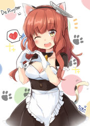 Rule 34 | 1girl, alternate costume, animal ears, apron, black dress, blunt bangs, blush, breasts, cat ears, cat tail, character name, cleavage, de ruyter (kancolle), detached collar, dress, enmaided, hairband, headgear, heart, heart hands, kantai collection, long hair, maid, medium breasts, one eye closed, open mouth, paw print, red hair, signature, solo, sou (soutennkouchi), sparkle, spoken heart, tail, waist apron, white apron, yellow eyes