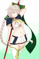 Rule 34 | 10s, 1girl, arm behind head, banner, braid, breasts, brown eyes, cleavage cutout, clothing cutout, cloud print, crop top, female focus, green background, hair ornament, holding, kantai collection, large breasts, long hair, looking at viewer, microskirt, navel, pleated skirt, poco (backboa), short sleeves, silver hair, single braid, skirt, solo, thighhighs, unryuu (kancolle), very long hair, wavy hair, white background