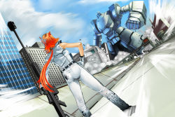 Rule 34 | 1girl, animal ears, anti-materiel rifle, ass, battle, breasts, cat ears, city, confrontation, destruction, dust cloud, dutch angle, emphasis lines, faceoff, from behind, gloves, gun, hand on own hip, long hair, mecha, orange hair, original, pants, planted, ponytail, rifle, robot, ryao, size difference, sleeveless, small breasts, sniper rifle, weapon, white gloves