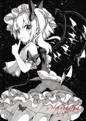 Rule 34 | 1girl, bow, cowboy shot, finger to mouth, flandre scarlet, from side, greyscale, hair bow, hat, long hair, looking at viewer, mob cap, monochrome, pointy ears, puffy short sleeves, puffy sleeves, qqqrinkappp, sample watermark, short sleeves, side ponytail, skirt, skirt set, solo, thighhighs, tongue, tongue out, touhou, watermark, zettai ryouiki