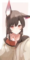 Rule 34 | 1girl, absurdres, adapted costume, animal ear fluff, animal ears, blush, brown hair, commentary request, hair between eyes, hand up, highres, imaizumi kagerou, light smile, long hair, long sleeves, looking at viewer, parted lips, pollux368, red eyes, simple background, solo, sweater, touhou, upper body, white sweater, wolf ears, wolf girl