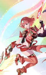 Rule 34 | 1girl, aegis sword (xenoblade), ankle boots, black gloves, boots, breasts, chest jewel, commentary request, fire, full body, gloves, hand up, highres, holding, holding sword, holding weapon, large breasts, misu kasumi, open mouth, pyra (xenoblade), red eyes, red footwear, red hair, red shorts, red thighhighs, short hair, short shorts, shorts, smile, solo, swept bangs, sword, teeth, thighhighs, tiara, upper teeth only, weapon, xenoblade chronicles (series), xenoblade chronicles 2, zettai ryouiki