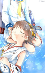Rule 34 | 10s, 2girls, bad id, bad pixiv id, brown hair, death, closed eyes, hagino makoto, hand on another&#039;s cheek, hand on another&#039;s face, head out of frame, hiei (kancolle), holding head, injury, kantai collection, lap pillow, long sleeves, lying on lap, lying on water, multiple girls, rain, ribbon, short hair, signature, sitting, sitting on water, solo focus, tears, torn clothes, torpedo, water, yukikaze (kancolle)