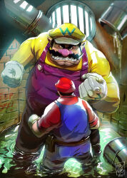 Rule 34 | 2boys, artnerdx, blue overalls, cleft chin, clenched hands, facial hair, gloves, hat, mario, mario (series), multiple boys, mustache, nintendo, overalls, pointy ears, purple overalls, red hat, red shirt, sewer, shirt, wario, water, white gloves, yellow hat, yellow shirt