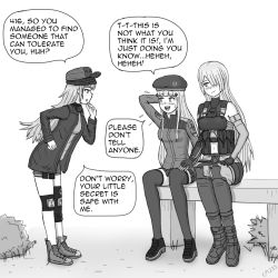 Rule 34 | 3girls, ak-15 (girls&#039; frontline), artist request, assault rifle, beret, blush, boots, english text, g11 (girls&#039; frontline), girls&#039; frontline, gloves, greyscale, gun, holding hands, hat, hk416 (girls&#039; frontline), knee pads, long hair, monochrome, multiple girls, rifle, shoes, sitting, sneakers, speech bubble, thighhighs, weapon, yuri