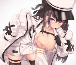 Rule 34 | 1boy, 1girl, :d, azur lane, belt, black belt, black gloves, black hair, black ribbon, black thighhighs, blush, grabbing another&#039;s breast, breasts, breasts out, buttons, cleavage, closed mouth, clothes pull, coat, coat dress, collar, collarbone, commander (azur lane), commentary, cowboy shot, detached collar, double-breasted, dress, dress pull, eyebrows hidden by hair, flirting, fur-trimmed coat, fur trim, gloves, grabbing, groping, hair between eyes, hair ribbon, hand on own hip, hanging breasts, hat, head tilt, highres, large breasts, leaning forward, long hair, long sleeves, looking at viewer, lower teeth only, moss (user srre5225), neckwear request, nipples, one side up, open mouth, padded coat, pamiat merkuria (azur lane), purple eyes, ribbon, russian clothes, sidelocks, simple background, skindentation, smile, standing, strap, teeth, thigh strap, thighhighs, white background, white coat, white dress, white headwear, zettai ryouiki