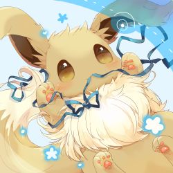 Rule 34 | blue ribbon, blush, brown eyes, brown fur, closed mouth, commentary request, creature, creatures (company), eevee, game freak, gen 1 pokemon, heart, highres, mouth hold, nintendo, no humans, pokemon, pokemon (creature), ribbon, smile, solo, ushiina