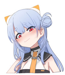 Rule 34 | 1girl, aningay, aningay (vtuber), blue hair, blush, closed mouth, cropped torso, hair bun, head tilt, highres, indie virtual youtuber, long hair, looking at viewer, red eyes, shirt, short eyebrows, simple background, single side bun, smile, solo, sweat, thick eyebrows, upper body, virtual youtuber, white background, white shirt