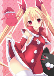 Rule 34 | 1girl, :3, :o, alternate costume, bat (animal), blazblue, blonde hair, blush, blush stickers, breasts, capelet, cat, christmas, clothes lift, covered navel, daiaru, detached sleeves, dress, dress lift, gii, hat, heart, long hair, nago, panties, rachel alucard, red eyes, santa costume, santa hat, slit pupils, thighhighs, twintails, underwear, white thighhighs