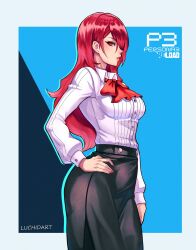 Rule 34 | 1girl, bow, breasts, hair over one eye, hand on own hip, high-waist skirt, highres, kirijou mitsuru, long hair, long sleeves, looking at viewer, luchidart, medium breasts, one eye covered, parted lips, persona, persona 3, persona 3 reload, puffy long sleeves, puffy sleeves, red eyes, red hair, ribbon, school uniform, shirt, skirt, solo, standing, white shirt