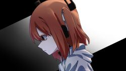 Rule 34 | 1girl, a.i. voice, adachi rei, cho (cho utu00), closed mouth, commentary request, from side, hair ribbon, highres, hood, hood down, hooded jacket, jacket, medium hair, one side up, orange eyes, orange hair, profile, ribbon, solo, utau, white jacket, white ribbon