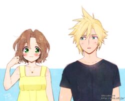 Rule 34 | 1boy, 1girl, :3, aerith gainsborough, alternate hair length, alternate hairstyle, aqua eyes, artist name, bare arms, bare shoulders, black shirt, blonde hair, blush, breasts, brown hair, cloud strife, dated, dress, final fantasy, final fantasy vii, final fantasy vii remake, green eyes, hair between eyes, hand in own hair, jewelry, krudears, looking at another, medium breasts, necklace, parted bangs, parted lips, shirt, short hair, short sleeves, sleeveless, sleeveless dress, spiked hair, t-shirt, twitter username, watermark, web address, yellow dress