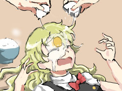 Rule 34 | 1girl, 1other, blonde hair, bow, bowl, bowtie, closed eyes, commentary, cracking egg, egg, egg on face, hands up, highres, jun&#039;rei (jun&#039;rei kyou), kirisame marisa, long hair, no headwear, prank, raw egg, red bow, red bowtie, rice, rice bowl, shirt, short sleeves, simple background, sleeping, surprised, touhou, white shirt