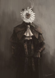 Rule 34 | 1girl, artist name, ascot, bloodborne, brown background, brown coat, cane, character request, check character, coat, flower, gem, gloves, grey ascot, grey background, hat feather, highres, lady maria of the astral clocktower, multicolored background, solo, standing, tripdancer, white flower