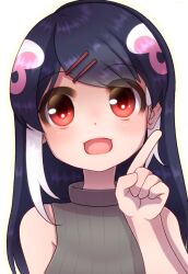 Rule 34 | 1girl, african penguin (kemono friends), bare shoulders, black hair, blush, hair ornament, highres, hikarikmy, kemono friends, kemono friends v project, long hair, looking at viewer, open mouth, penguin girl, pink hair, red eyes, simple background, sleeveless, solo, straight hair, sweater, upper body, virtual youtuber, white hair