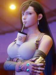 Rule 34 | 1girl, 3d, bare shoulders, between breasts, breasts, brown eyes, brown hair, bubble tea, bubble tea challenge, crossed arms, cup, drink, drinking, drinking straw, earrings, final fantasy, final fantasy vii, final fantasy vii remake, highres, jewelry, large breasts, lips, long hair, looking at viewer, meme, smile, solo, tank top, tifa lockhart, upper body