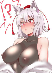 Rule 34 | !?, 1girl, :&lt;, animal ear fluff, animal ears, bare shoulders, blush, breasts, collarbone, covered erect nipples, hat, highres, inubashiri momiji, large breasts, looking at viewer, nipples, red eyes, see-through, shiraue yuu, short hair, silver hair, simple background, skin tight, solo, speech bubble, surprised, sweat, tokin hat, touhou, white background, wolf ears