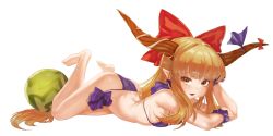 Rule 34 | 1girl, alice tam, ass, bare shoulders, barefoot, bikini, bow, bow swimsuit, breasts, fang, food, fruit, highres, horn bow, horn ornament, horns, ibuki suika, long hair, looking at viewer, lying, on stomach, one-piece swimsuit, open mouth, orange eyes, orange hair, pointy ears, purple bow, purple one-piece swimsuit, red bow, sidelocks, simple background, small breasts, smile, swimsuit, the pose, touhou, very long hair, watermelon, white background, wristband
