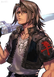Rule 34 | 1boy, belt, black jacket, blue eyes, brown hair, collarbone, cropped jacket, earrings, final fantasy, final fantasy viii, gunblade, hungry clicker, jacket, jewelry, kingdom hearts, medium hair, muscular, muscular male, necklace, over shoulder, parted bangs, scar, scar on face, shirt, simple background, single earring, solo, squall leonhart, square enix, upper body, weapon, weapon over shoulder, white background, white shirt