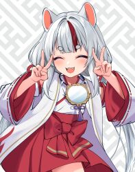 Rule 34 | 1girl, ^ ^, absurdres, animal ears, closed eyes, dog ears, fangs, grey hair, highres, indie virtual youtuber, japanese clothes, jewelry, kimono, medium hair, miko, mirror, multicolored hair, necklace, open mouth, red hair, sachi higami, sakura chiyo (konachi000), simple background, solo, tassel, teeth, v, virtual youtuber