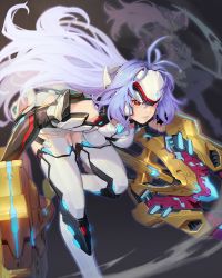 Rule 34 | 2girls, android, bare shoulders, breasts, chest jewel, energy weapon, f.k (hs225kr), forehead protector, gloves, grey background, highres, kos-mos, kos-mos re:, leaning forward, long hair, looking at viewer, medium breasts, multiple girls, purple eyes, red eyes, scythe, simple background, solo focus, t-elos, t-elos re:, thighhighs, very long hair, weapon, xenoblade chronicles (series), xenoblade chronicles 2, xenosaga