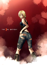 Rule 34 | 1girl, ass, aya brea, bare shoulders, belt, blonde hair, blue eyes, breasts, denim, jeans, large breasts, no panties, pants, parasite eve, parasite eve the 3rd birthday, short hair, sideboob, solo, the 3rd birthday, torn clothes