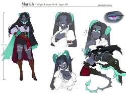 Rule 34 | 1girl, alternate costume, alternate hairstyle, amputee, black hair, bloodlight (nyantcha), breasts, cleavage, colored skin, demon girl, english text, grey skin, highres, horns, large breasts, long hair, long sleeves, mariah (nyantcha), missing limb, nyantcha, original, parted bangs, pointy ears, purple eyes, regeneration, solo, tail, teeth, thick thighs, thighs