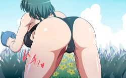 Rule 34 | 1girl, amazon (taitaitaira), ass, backboob, bare arms, bare legs, bare shoulders, bent over, black bra, black panties, bra, breasts, cameltoe, flower, from behind, green hair, highres, holding, kazami yuuka, large breasts, legs, outdoors, panties, shiny skin, short hair, sky, solo, sound effects, thighs, touhou, underwear