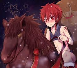 Rule 34 | 1boy, blush, bodypaint, boots, child, dark, elsword, elsword (character), horse, looking at viewer, male focus, night, outdoors, red eyes, red hair, riding, rune slayer, sack, santa boots, shorts, smile, solo, star (symbol), vest, waysin966