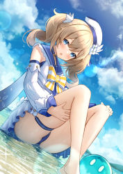 Rule 34 | 1girl, :o, barbara (genshin impact), barbara (summertime sparkle) (genshin impact), bare legs, bare shoulders, barefoot, blonde hair, blue eyes, blue one-piece swimsuit, blue sailor collar, blue sky, blush, bow, casual one-piece swimsuit, cloud, creature, day, detached sleeves, dutch angle, genshin impact, hat, highres, jori, lens flare, long hair, long sleeves, official alternate costume, one-piece swimsuit, open clothes, open mouth, sailor collar, sailor hat, shallow water, skindentation, sky, slime (genshin impact), solo, striped, striped bow, swimsuit, swimsuit under clothes, thigh strap, twintails, water, white hat, yellow bow