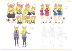 Rule 34 | 1girl, absurdres, character sheet, cleavage cutout, clothing cutout, color halftone, expressions, highres, horns, kobayashi-san chi no maidragon, lucoa (maidragon), multiple views, official art, overall shorts, overalls, production art, scan, socks, turnaround, variations, zip available