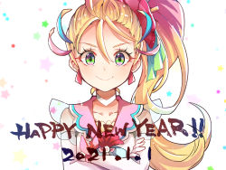 Rule 34 | 1girl, 2021, blonde hair, blue hair, choker, closed mouth, collarbone, commentary request, crossed arms, cure summer, green eyes, happy new year, highres, lazy orange, long hair, looking at viewer, magical girl, multicolored hair, natsuumi manatsu, new year, pink hair, ponytail, precure, solo, star (symbol), starry background, tropical-rouge! precure, upper body, white background, white choker