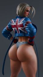 Rule 34 | 1girl, absurdres, ass, blonde hair, calvin klein, cammy white, cpt-flapjack, curvy, female focus, from behind, hands on own hips, highres, huge ass, jacket, leather, leather jacket, panties, short hair, simple background, source request, street fighter, street fighter 6, thick thighs, thighs, underwear, union jack