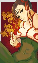 Rule 34 | 1girl, absurdres, bare shoulders, bracelet, breasts, brown eyes, brown hair, capcom, chinese clothes, chun-li, covered abs, double bun, earrings, eyelashes, floral background, hair bun, highres, hitsuji kusa, holding, holding ribbon, jewelry, looking at viewer, medium breasts, parted lips, pearl earrings, red ribbon, red trim, ribbon, skin tight, sleeveless, solo, street fighter, street fighter zero (series), toned, unitard, upper body