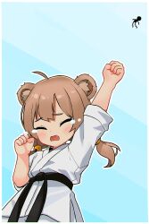 Rule 34 | 1girl, ahoge, animal ear fluff, animal ears, arm up, barefoot, bear ears, bear girl, belt, black belt, blue background, border, brown hair, chinese commentary, clenched hand, closed eyes, commentary request, dot nose, dougi, fang, highres, kuma-bound, long hair, low twintails, martial arts belt, open mouth, original, short twintails, solo, tears, twintails, upper body, white border