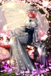 Rule 34 | 1girl, backlighting, breasts, bridge, bug, butterfly, cherry blossoms, cloud, commentary request, expressionless, female focus, frilled kimono, frills, glowing, glowing butterfly, grass, hand up, hat, highres, hitodama, in tree, insect, japanese clothes, kimono, large breasts, long sleeves, mob cap, mountain, nagare, nature, obi, petals, pink eyes, pink hair, ribbon-trimmed collar, ribbon trim, saigyouji yuyuko, sash, short hair, sitting, sitting in tree, solo, stream, sun, sunlight, touhou, tree, triangular headpiece, veil, very long sleeves, wide sleeves